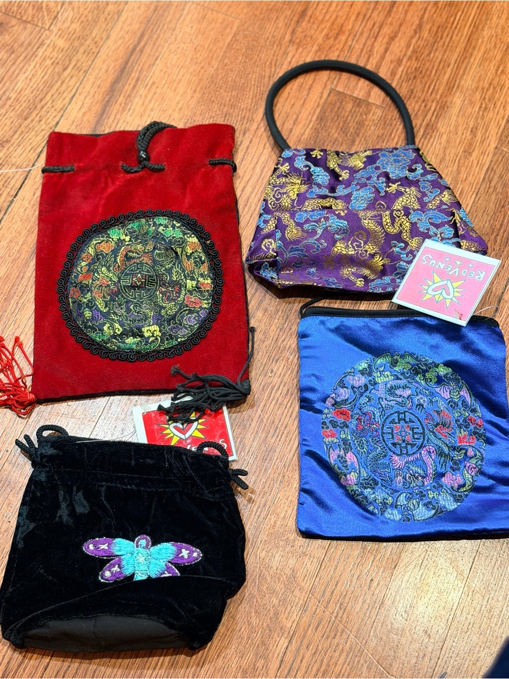 Lot of 4 Vintage Silk & Velvet Embroidered Drawstring Bags Salesman Sample Y2K